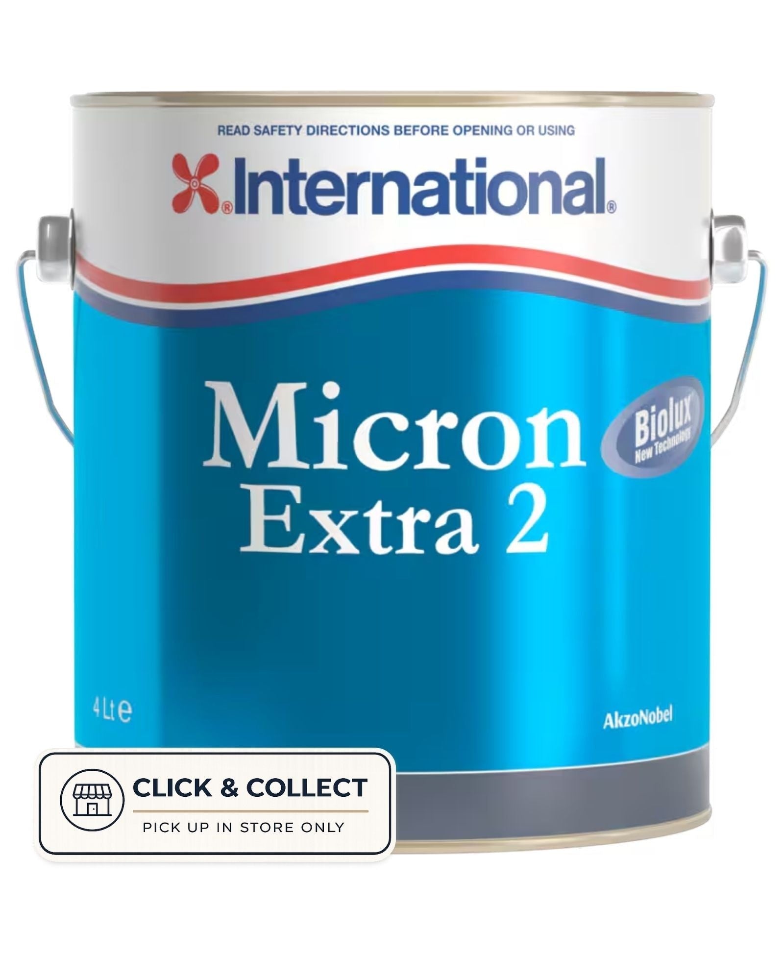 Boat Harbour Marine International Micron Extra 2 antifouling paint can, 4L, blue with white and red accents. Features Biolux New Technology.