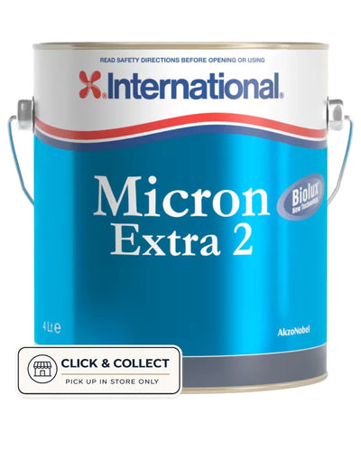 Boat Harbour Marine International Micron Extra 2 antifouling paint can, 4L, blue with white and red accents. Features Biolux New Technology.