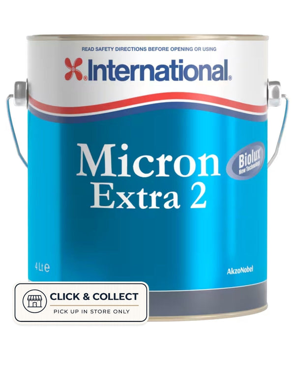 Boat Harbour Marine International Micron Extra 2 antifouling paint can, 4L, blue with white and red accents. Features Biolux New Technology.